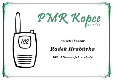 Diplom největší kopcař, 1. místo, 102 aktivovaných vrcholů